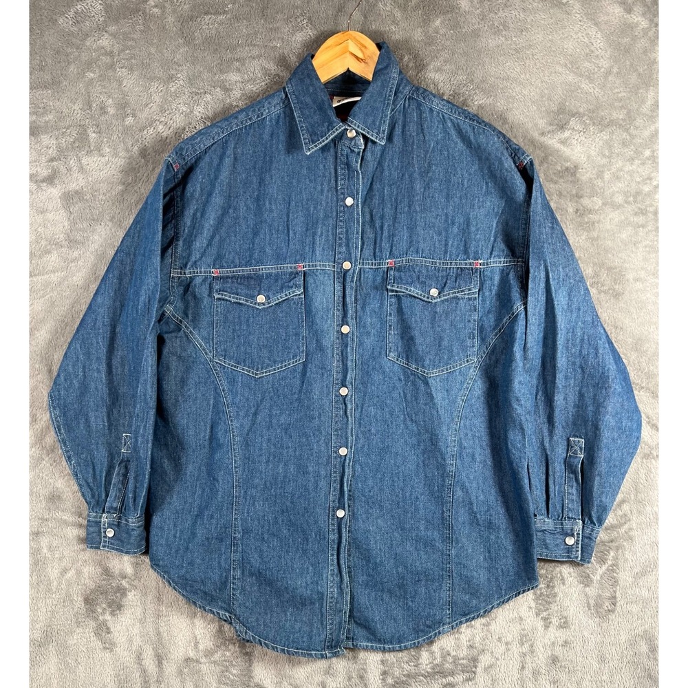 Sasson Denim Pearl Snap Shirt Mens Medium Medium Wash Indigo Western 90's Cowboy